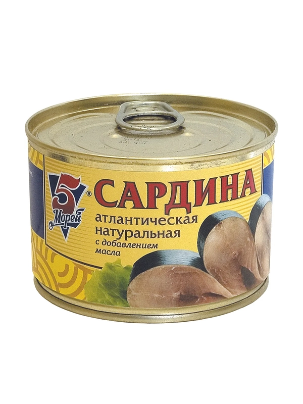 Сардина 5 Морей, атлантическая, натуральная, с добавлением масла, 250 г