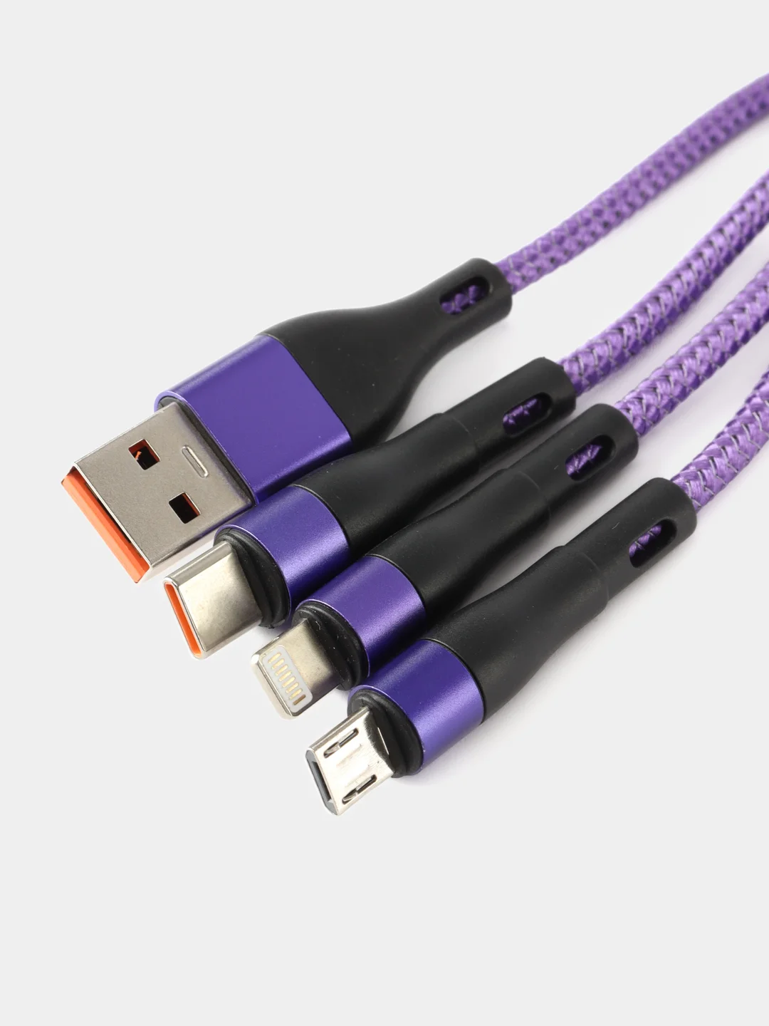 Фиолетовый usb кабель для зарядки iPhone, Type-C и micro-USB / шнур Айфон и Андроид универсальный