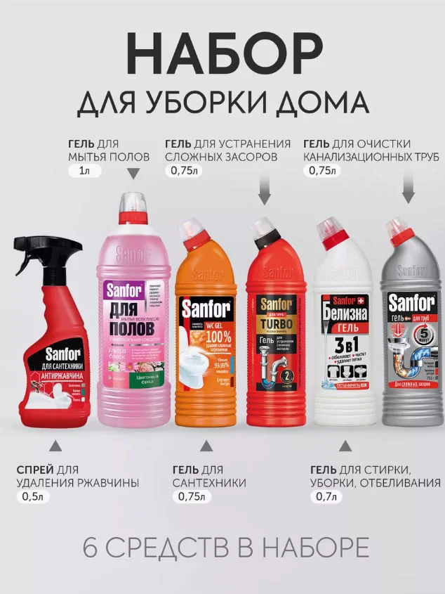 Набор чистящих средств Sanfor для уборки дома и поверхностей, 6 средств