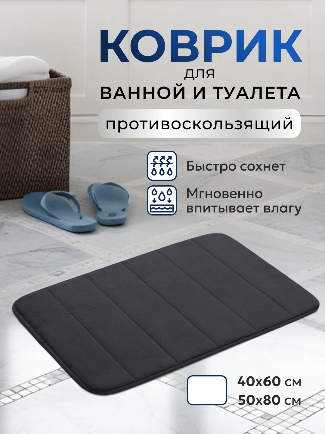 Черный коврик для ванной и туалета противоскользящий быстросохнущий