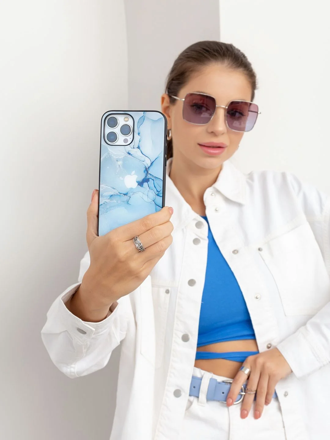 Голубой чехол на iphone 13 pro, защитный, силиконовый с пластиком/задняя накладка с рисунком