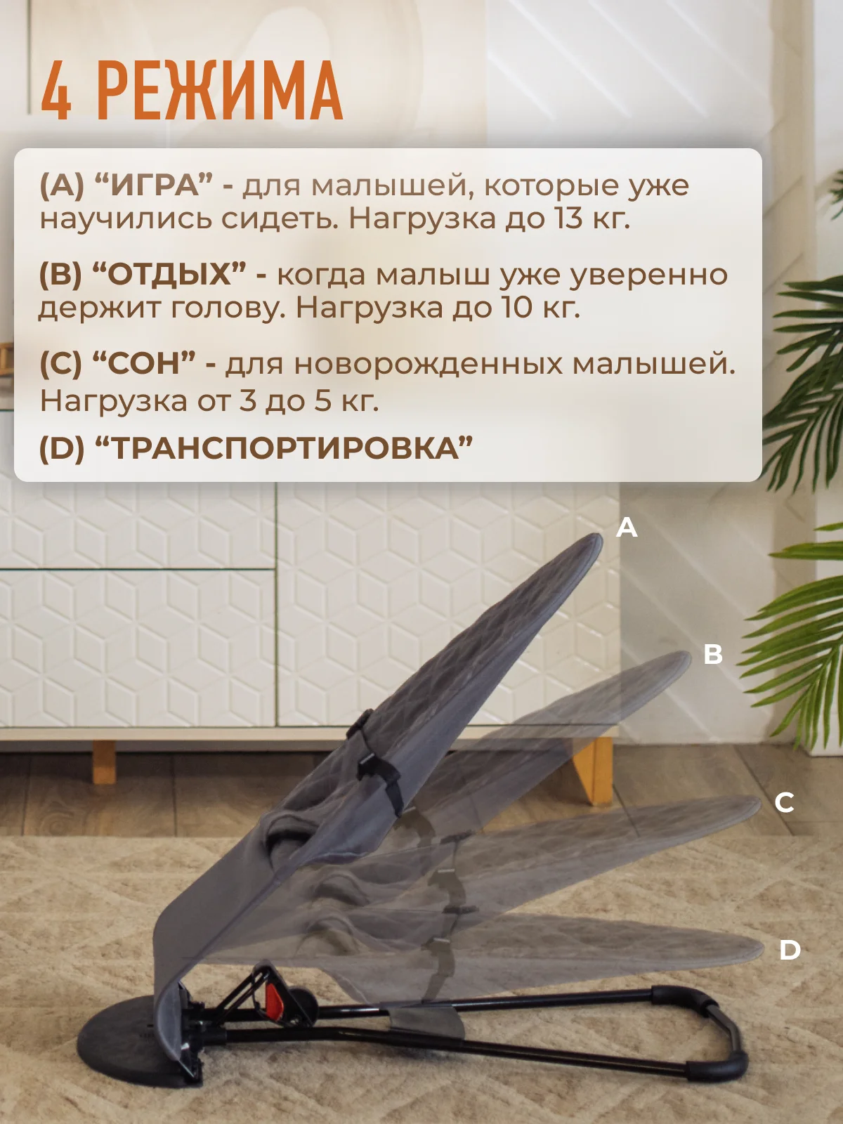 Серый детский складной шезлонг Mamagoods для новорожденных кресло качалка для малышей от 0