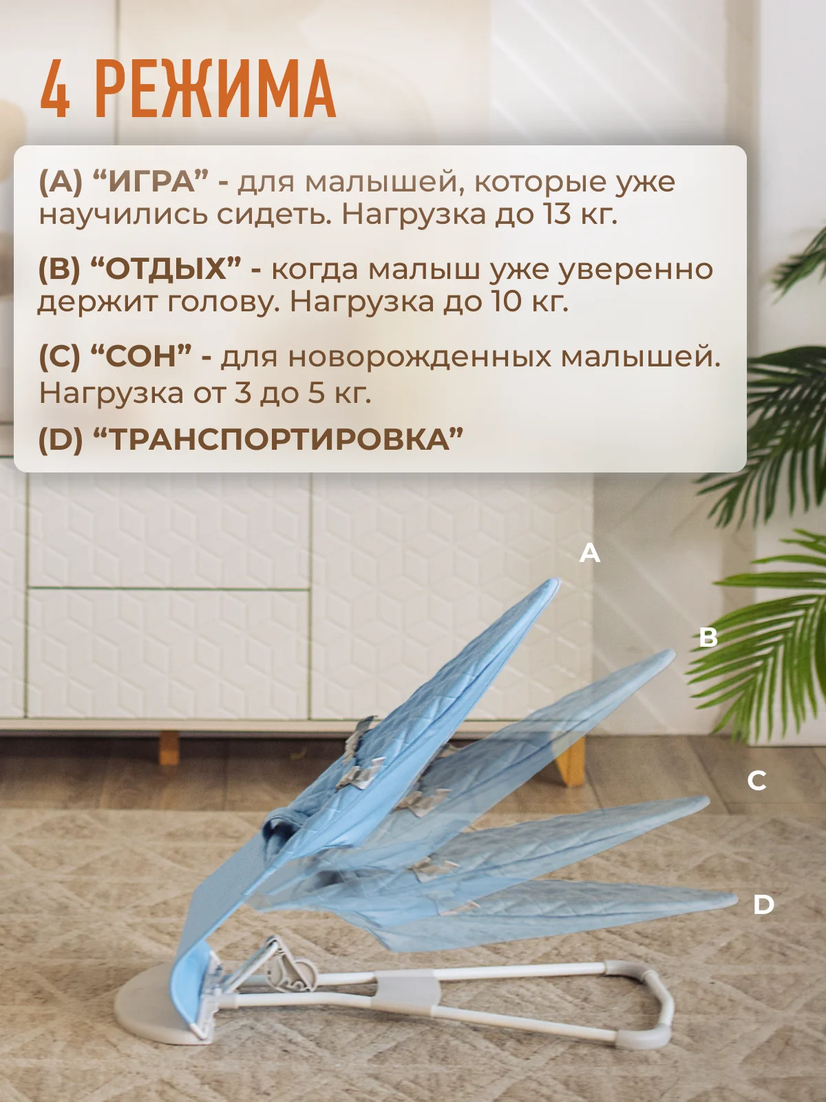 Голубой детский складной шезлонг Mamagoods для новорожденных кресло качалка для малышей от 0