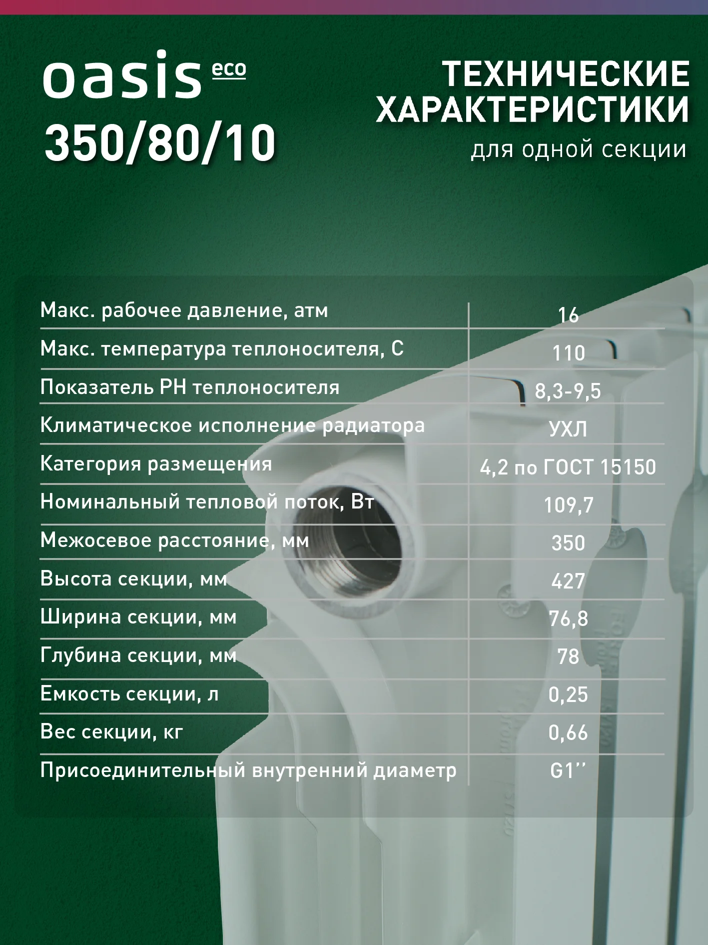 Белый радиатор алюминиевый литой "Oasis Eco" 350/80/10
