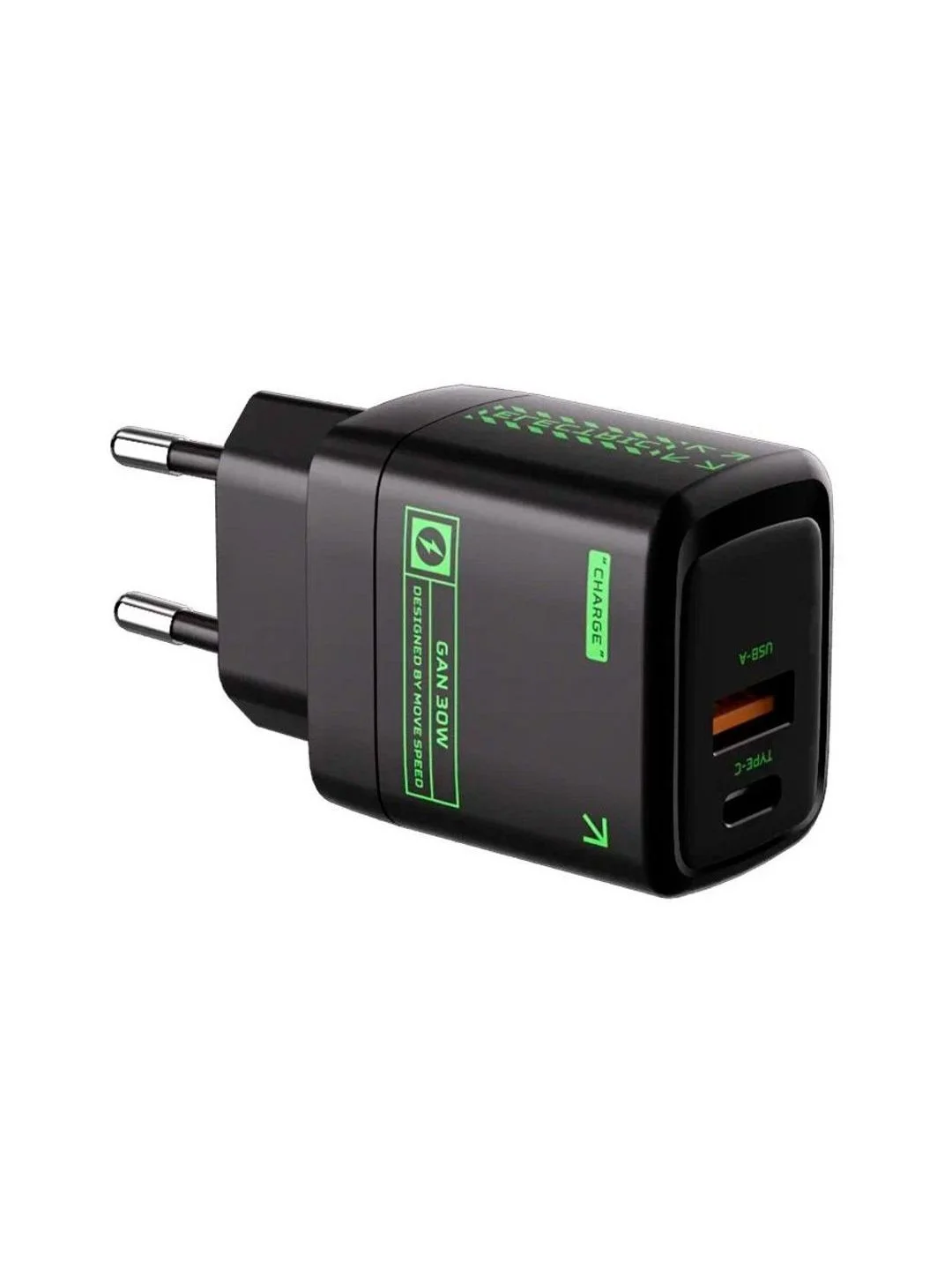 Черный сетевое зарядное устройство Movespeed 1xType-C+1xUSB- A 30W PD2.0 QC3.0 (AC30) EU Black