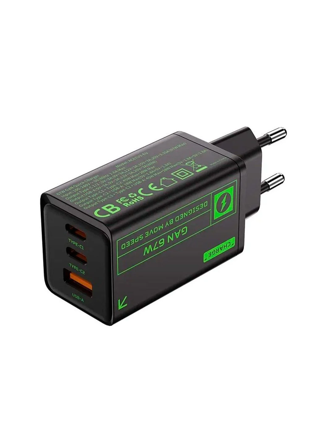 Черный сетевое зарядное устройство Movespeed 2xType-C+1xUSB- A 67W PD2.0 QC3.0 (AC67) EU Black