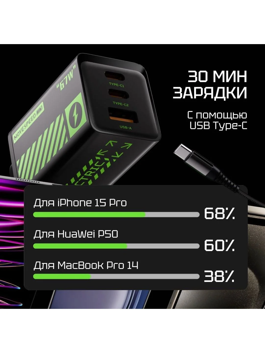 Черный сетевое зарядное устройство Movespeed 2xType-C+1xUSB- A 67W PD2.0 QC3.0 (AC67) EU Black
