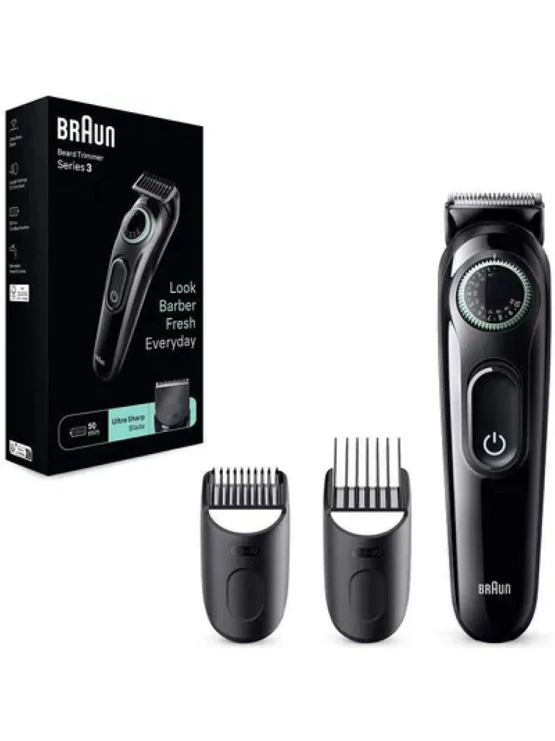 Черный аккумуляторный триммер для бороды и усов Braun BT3411 с 2 насадками, 20 настройками длины
