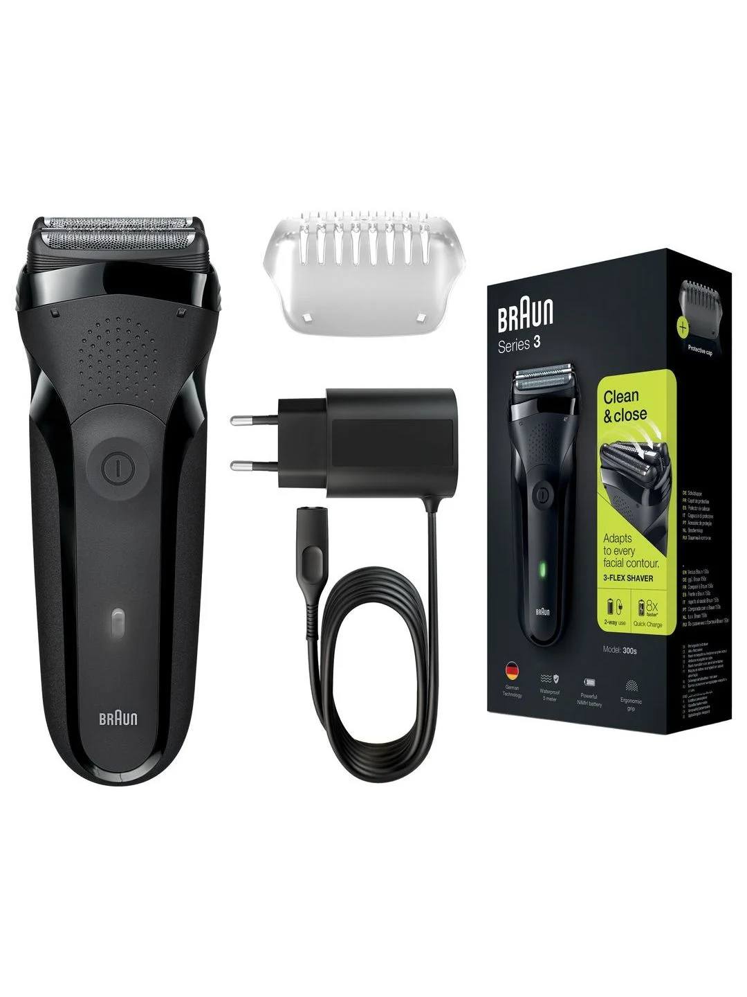 Черный мужская электробритва Braun Series 3 300s Black с быстрой зарядкой и 3 режущими элементами