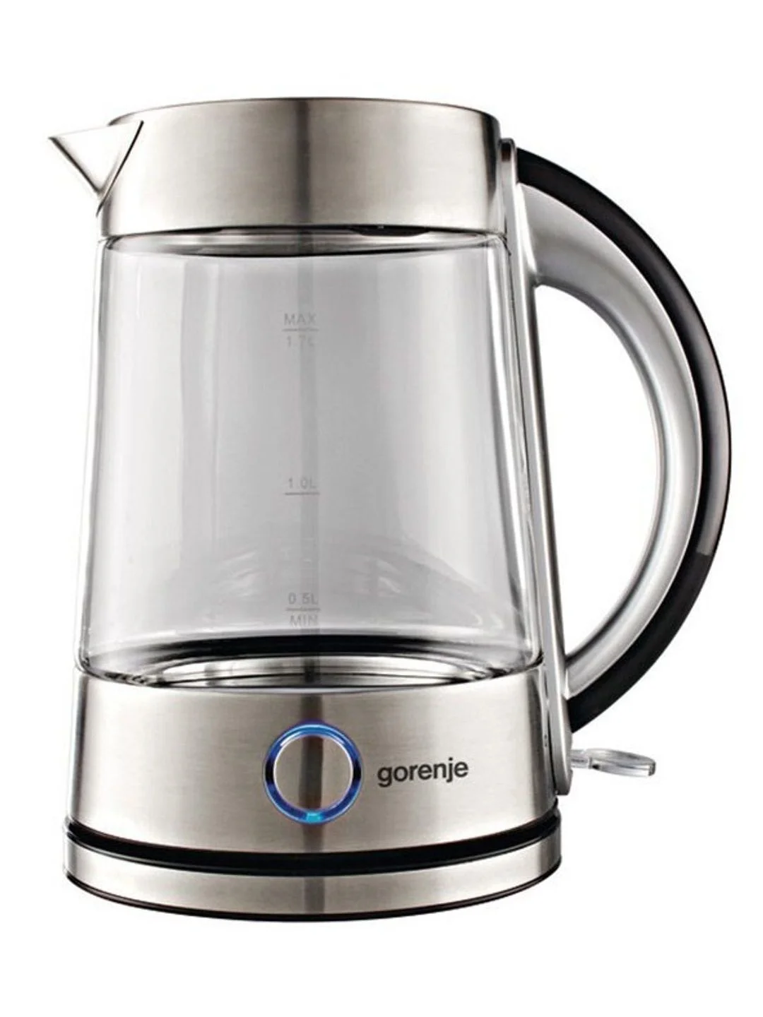 Серебряный чайник электрический Gorenje K17G, 2200 Вт, 1.7л, стеклянный корпус, серебристый