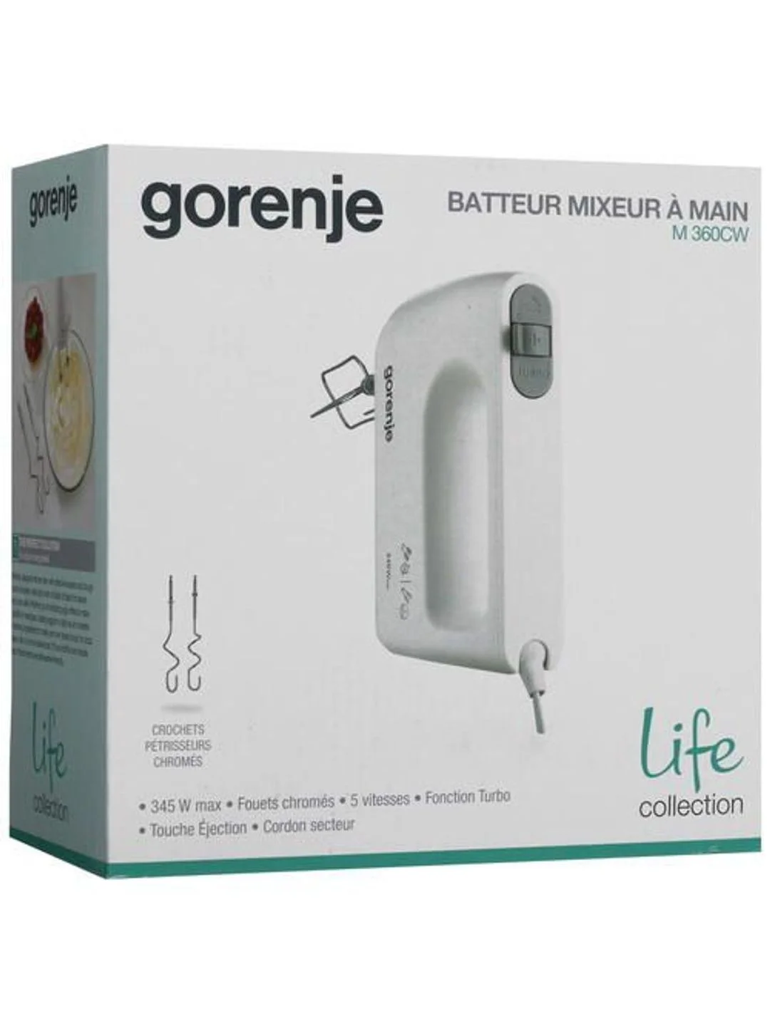 Белый миксер Gorenje M360CW, 345 Вт, 5 скоростей и турбо режим, 2 венчика и 2 крюка, белый