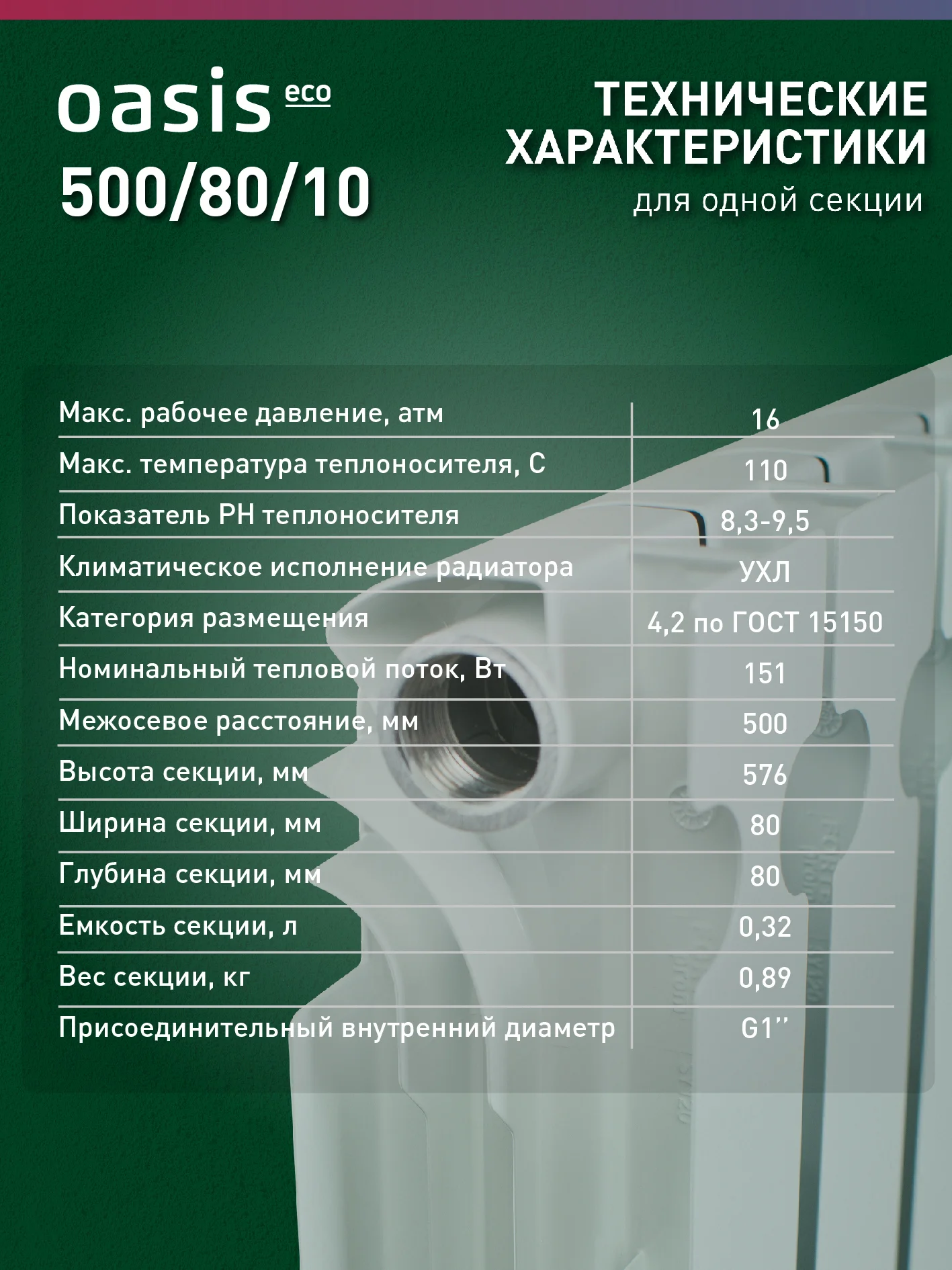 Белый радиатор алюминиевый литой, Oasis Eco 500/80/10