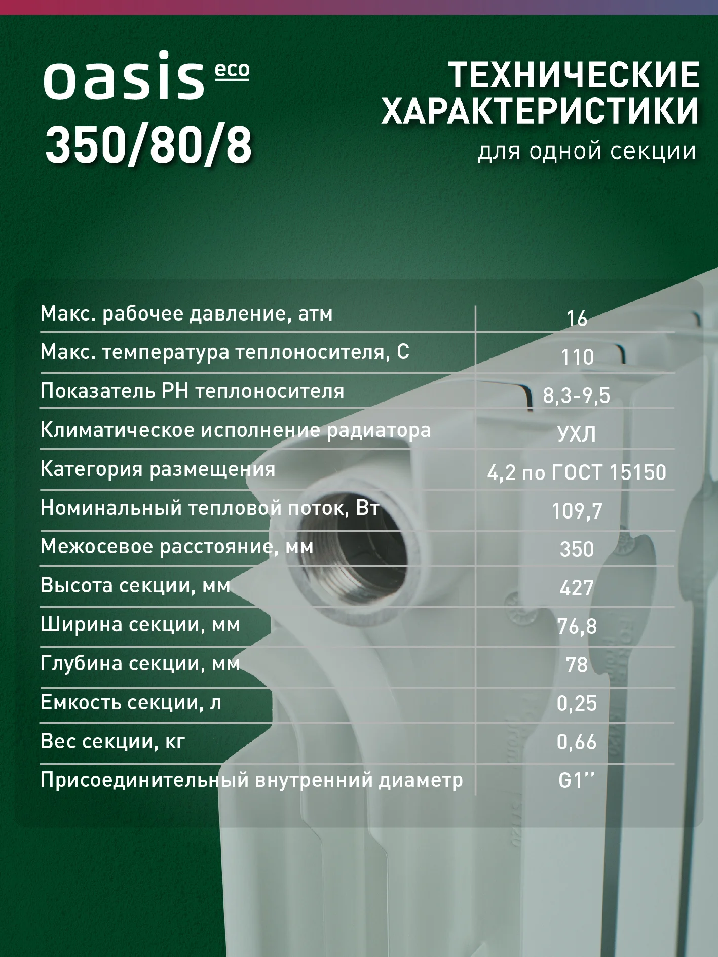 Белый радиатор алюминиевый литой "Oasis Eco" 350/80/8