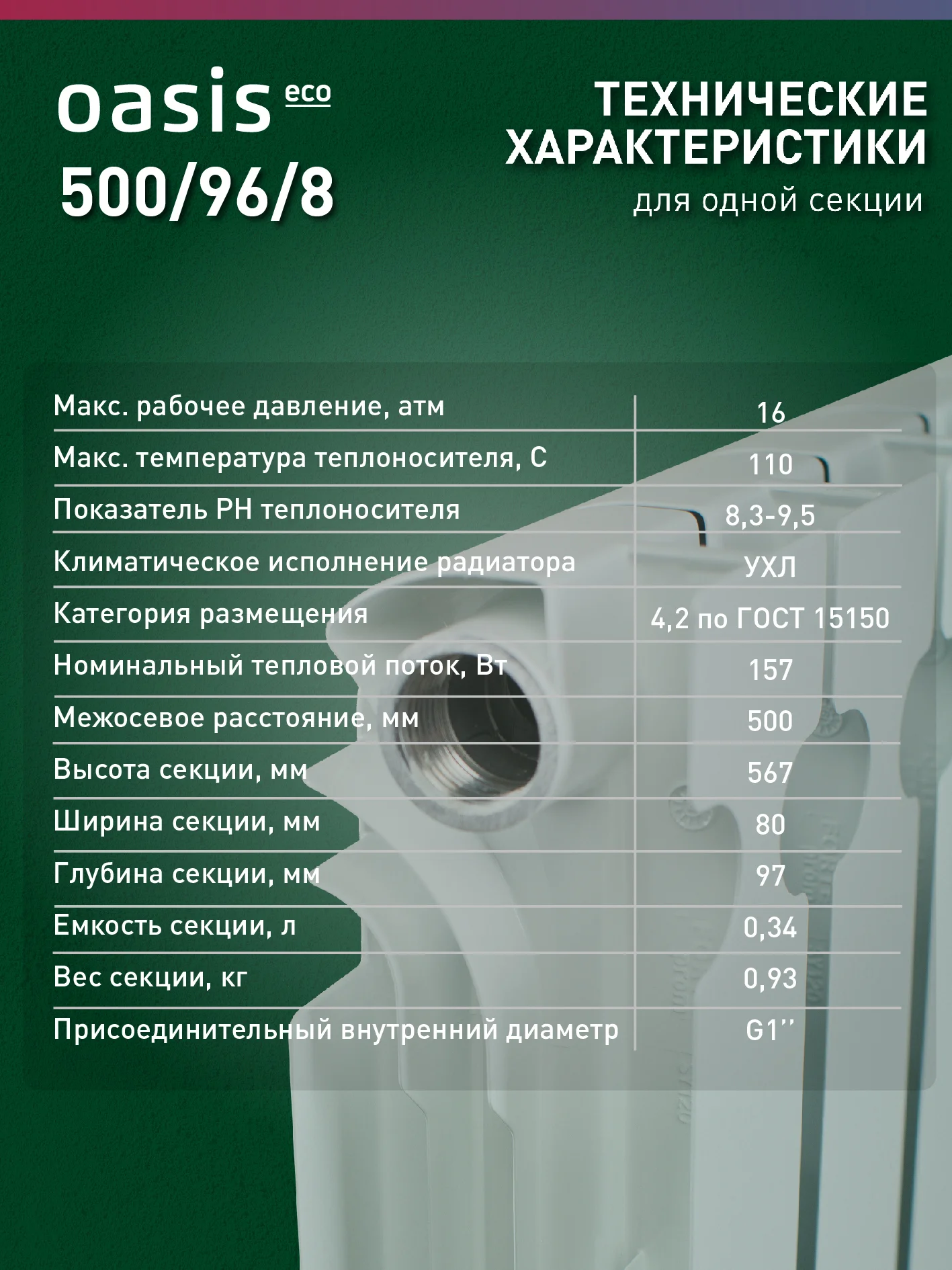 Белый радиатор алюминиевый литой "Oasis Eco" 500/96/8