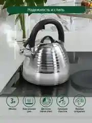 Серый металлик чайник со свистком MARTA MT-3097 3 л, капсульное дно, нержавеющая сталь