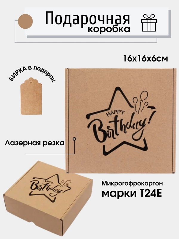 Картонная коробка "Happy Birthday",  16х16х6см, микрогофрокартон T24Е
