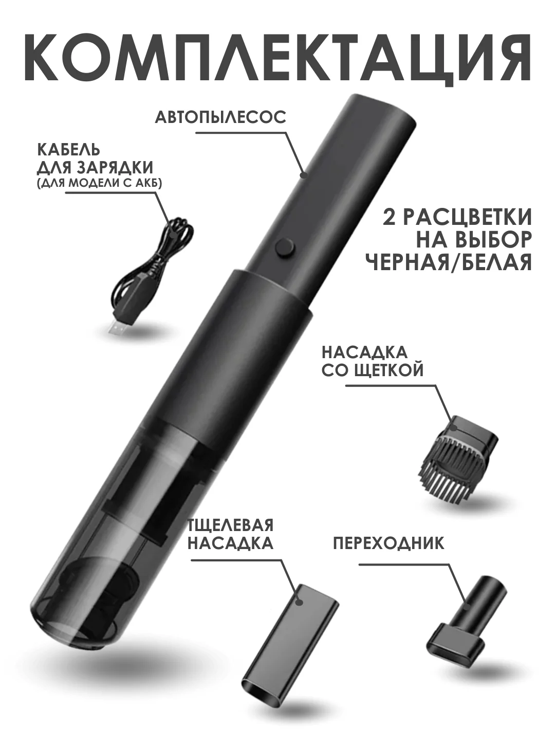 Черный пылесос автомобильный, портативный