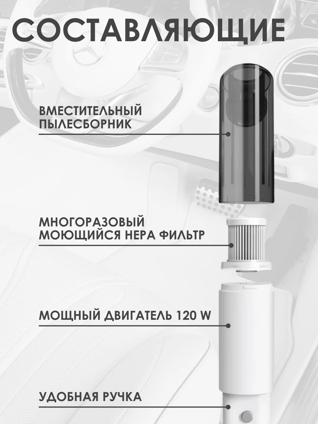Белый пылесос автомобильный, портативный
