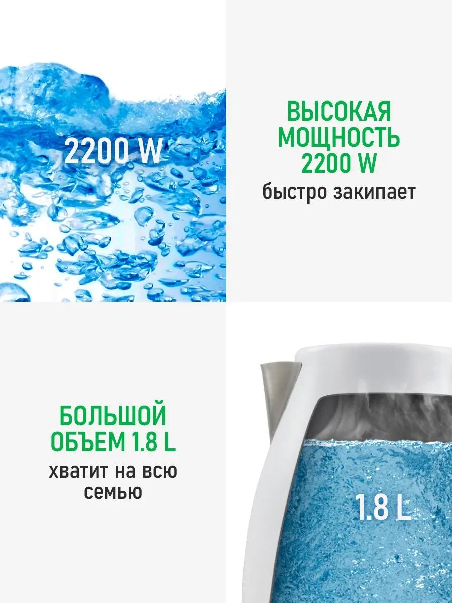 Белый чайник электрический MARTA MT-4645 металлический / 2200W/ Объем-1,8л/ белый