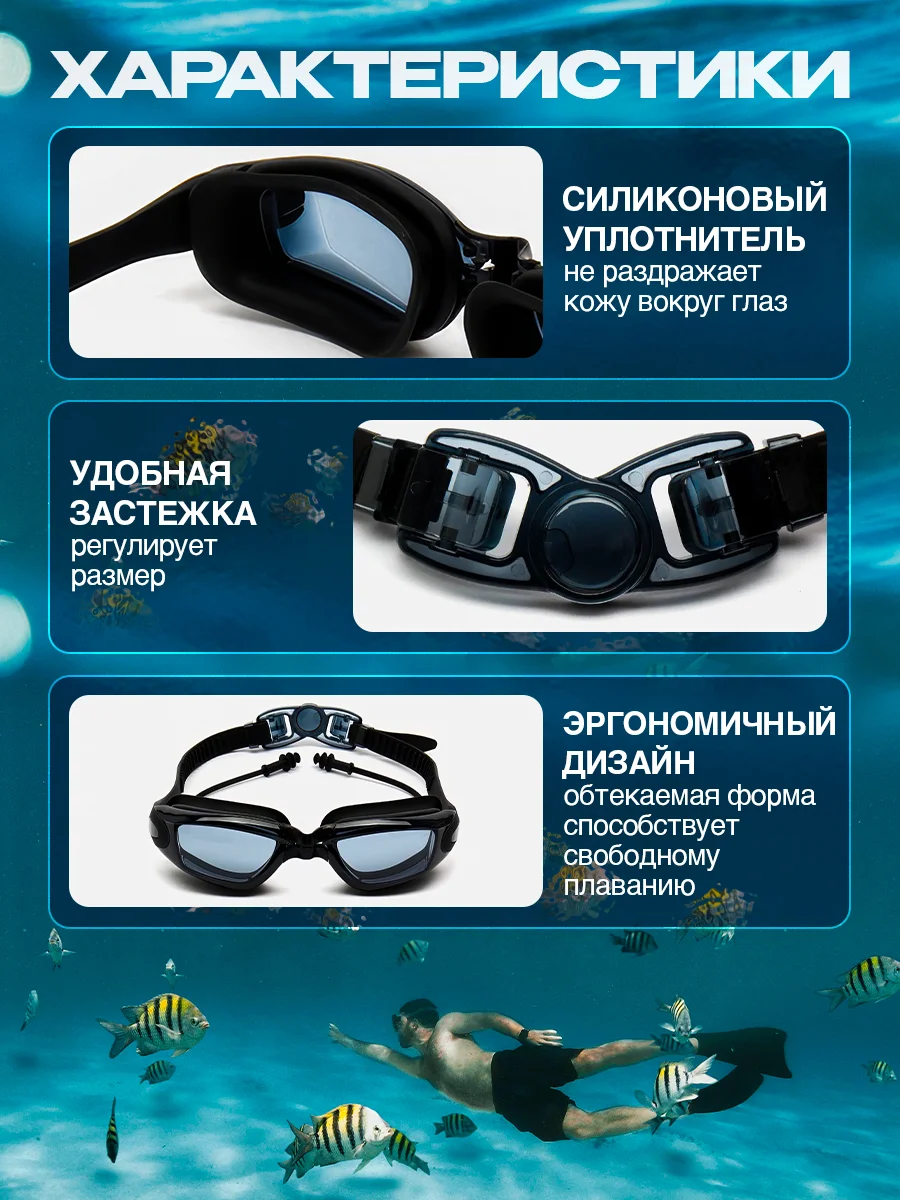 Синий очки для плавания и бассейна, взрослые, с берушами и чехлом, для водоемов, универсальные
