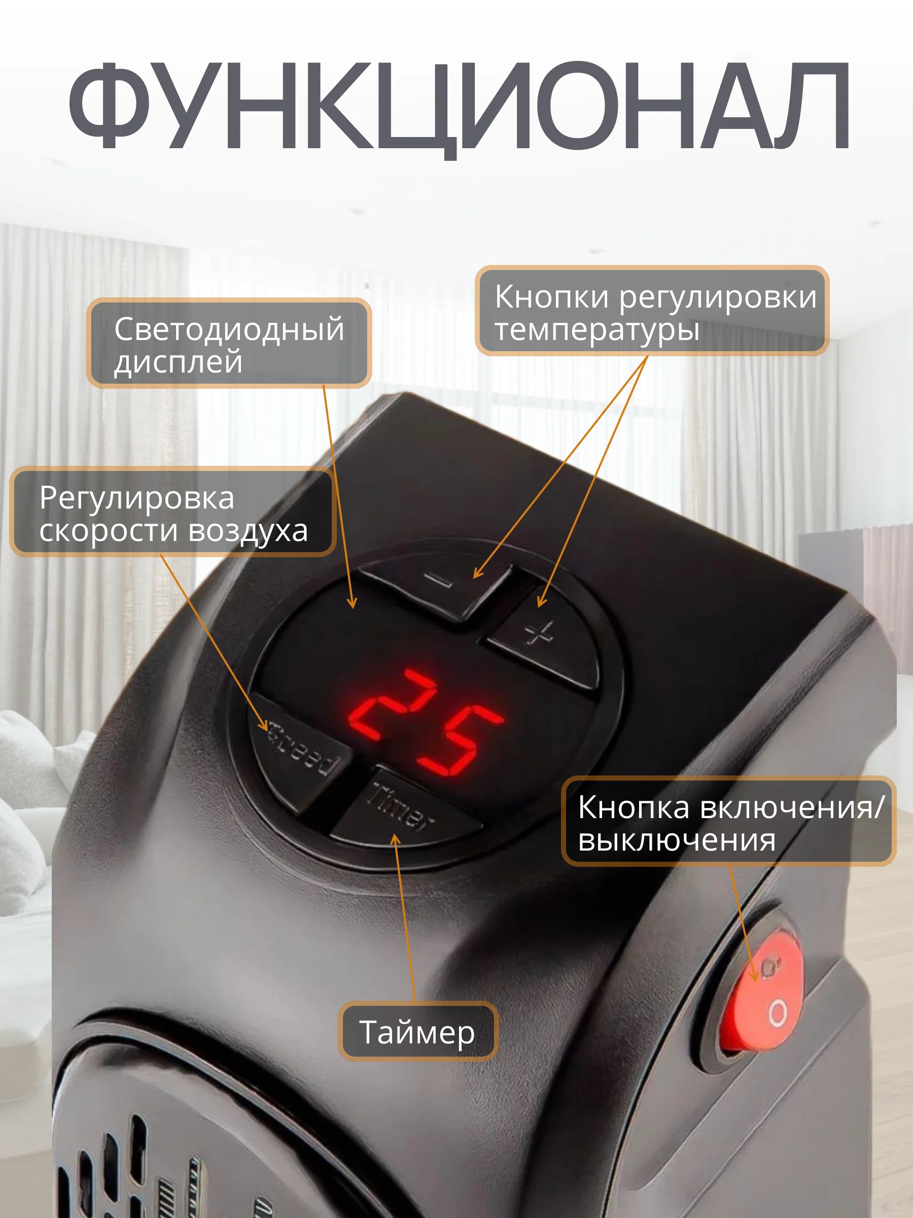 Черный портативный обогреватель  с пультом, электрический, тепловентилятор