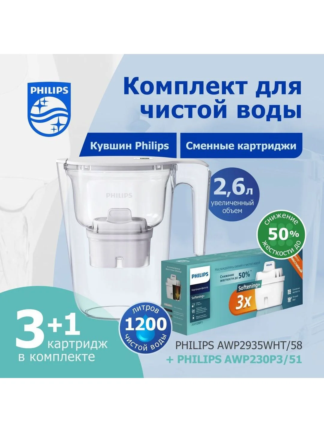 Белый комплект кувшин Philips AWP2935WHT+сменные картриджи для жесткой воды Philips AWP230P3,3шт