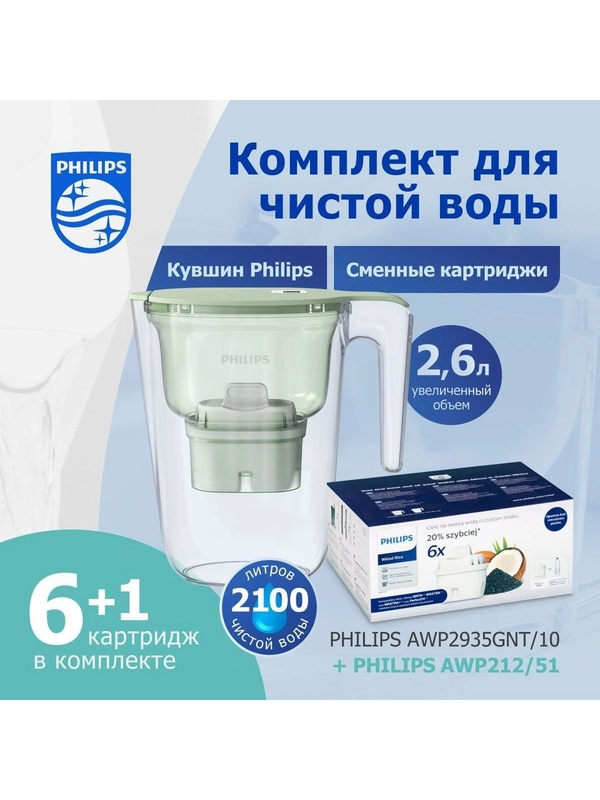 Комплект фильтр-кувшин для очистки воды Philips AWP2935GNT+сменные картриджи AWP212, 6шт