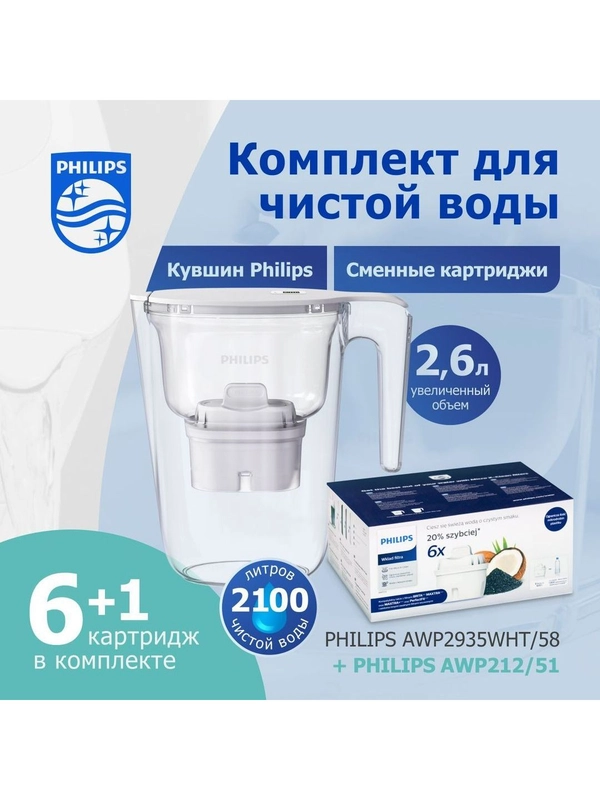 Комплект фильтр-кувшин для очистки воды Philips AWP2935WHT, 2.6л+картриджи AWP2121, 6шт