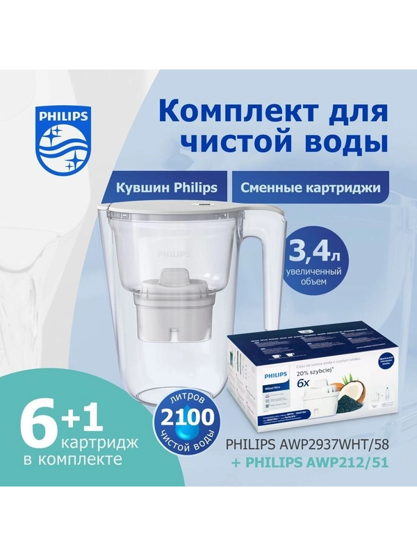 Комплект: фильтр-кувшин для очистки воды PhilipsAWP2937WHT+сменные картриджи PhilipsAWP212