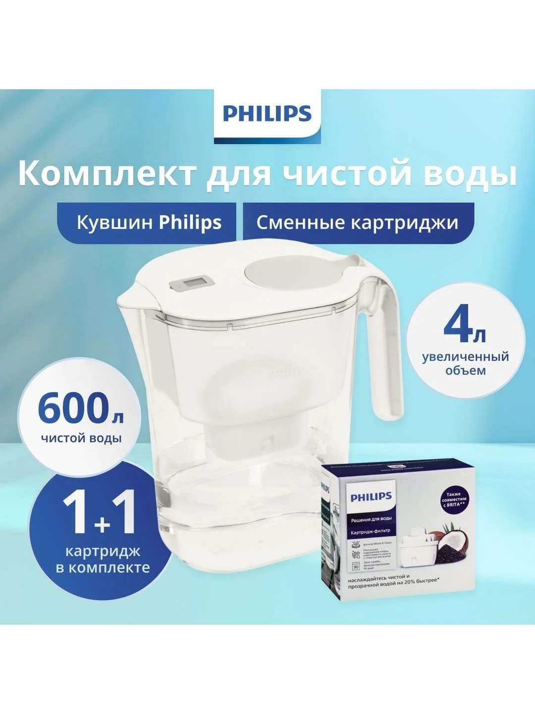 Белый комплект фильтр-кувшин для очистки воды Philips AWP2938WHT,4литра с картриджем в комплекте