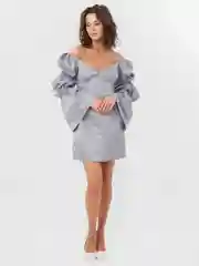 Серый металлик платье женское, вечернее, с объемными рукавами