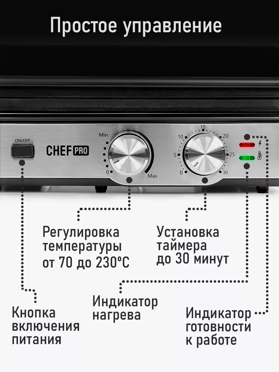 Серебряный электрогриль со съемными панелями CHEF PRO CF-SM1601A, режим барбекю, черный/сталь