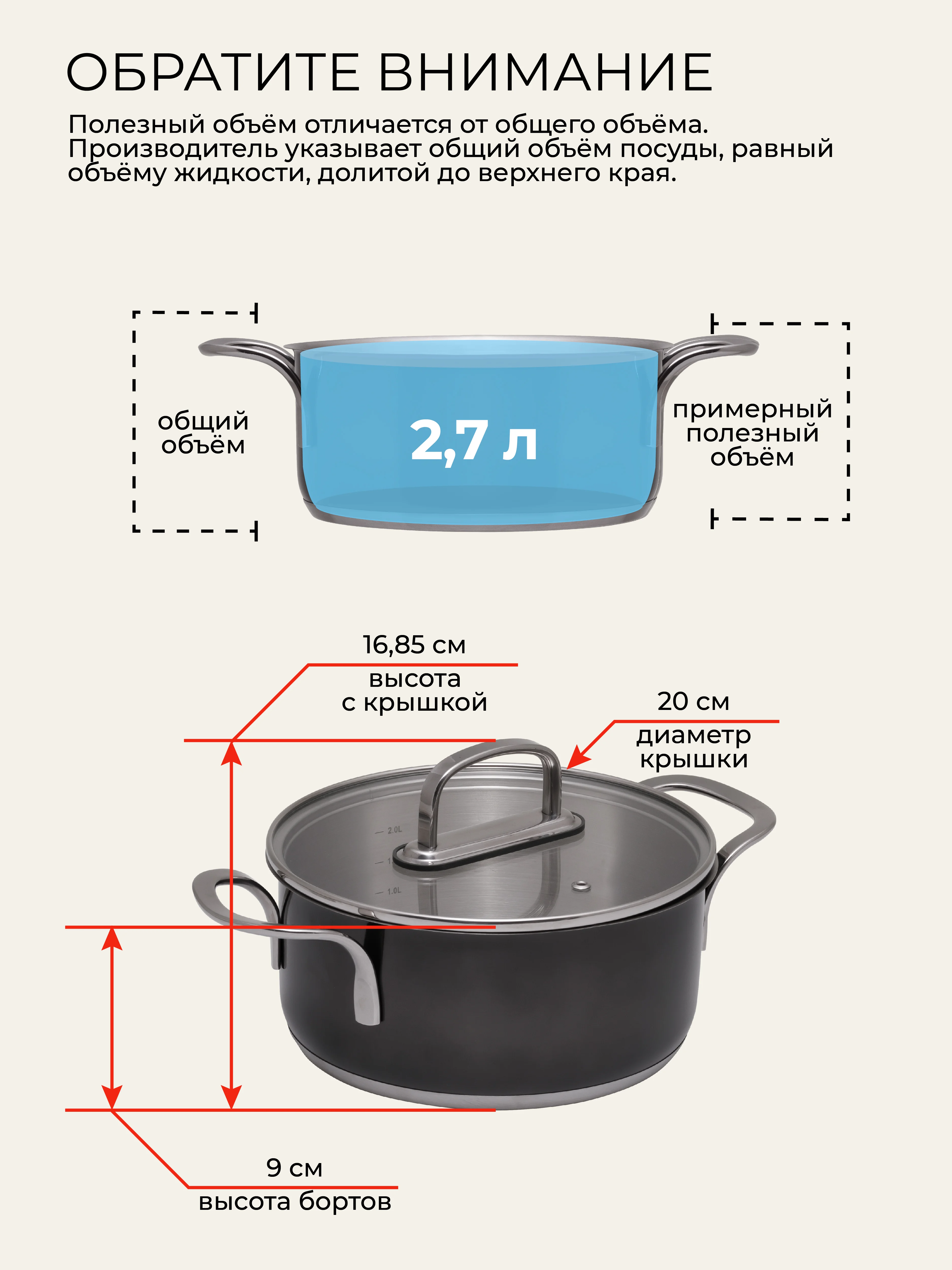 UNIFICO Кастрюля Uberto из нержавеющей стали, 2,7 л. 20*9 см, с крышкой, графитовый