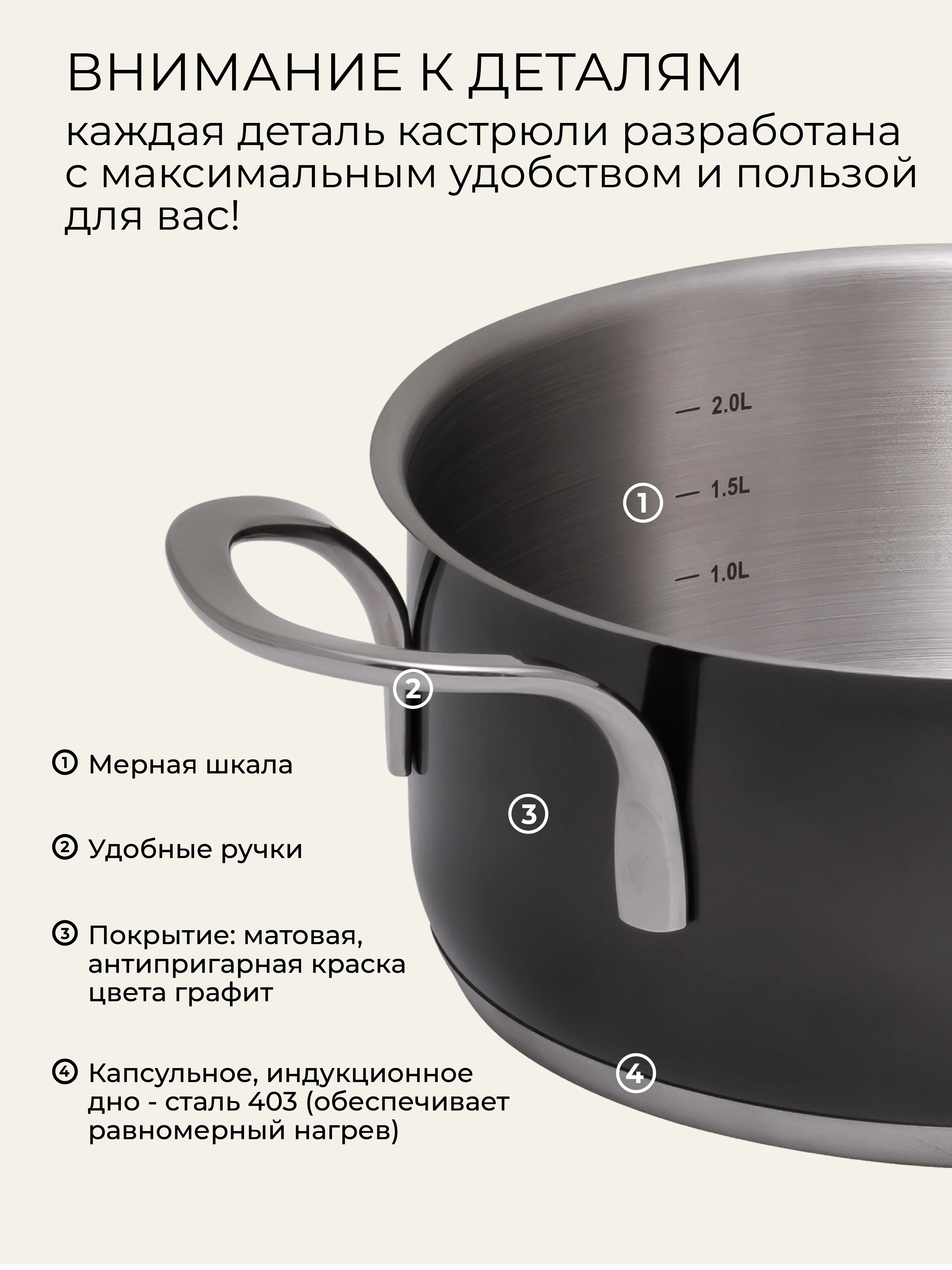 UNIFICO Кастрюля Uberto из нержавеющей стали, 2,7 л. 20*9 см, с крышкой, графитовый