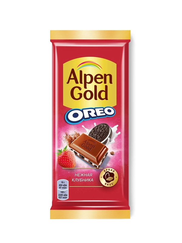 Шоколад Alpen Gold Oreo Нежная клубника, молочный, с кусочками печенья, 85 г