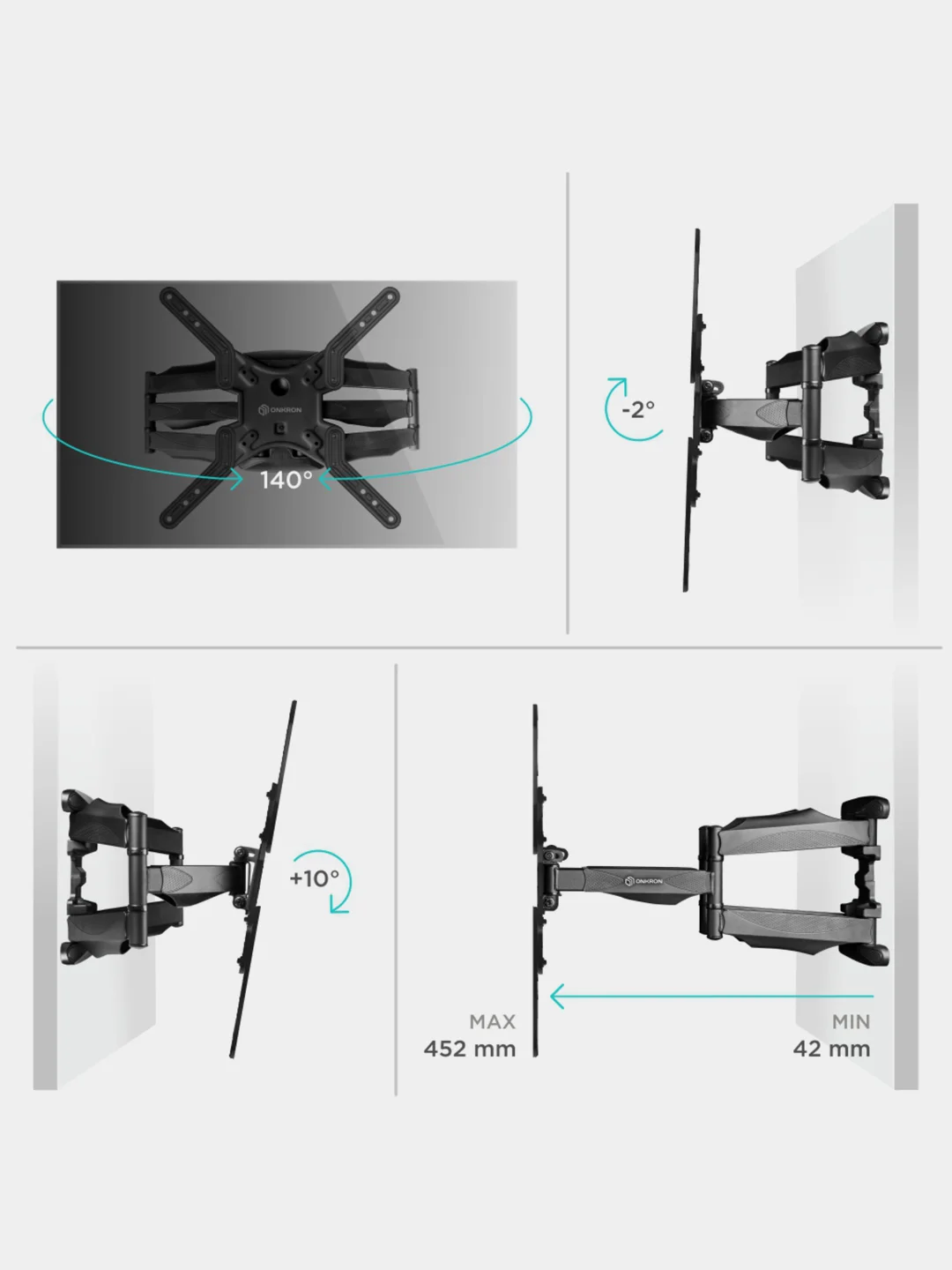 Черный кронштейн для телевизора 37"-70" ONKRON M5, наклонно-поворотный, до 36,4 кг