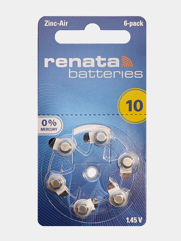 Батарейки Renata ZA10 (PR70) для слуховых аппаратов, 1.4V, Германия, 6 штук (1 блистер)