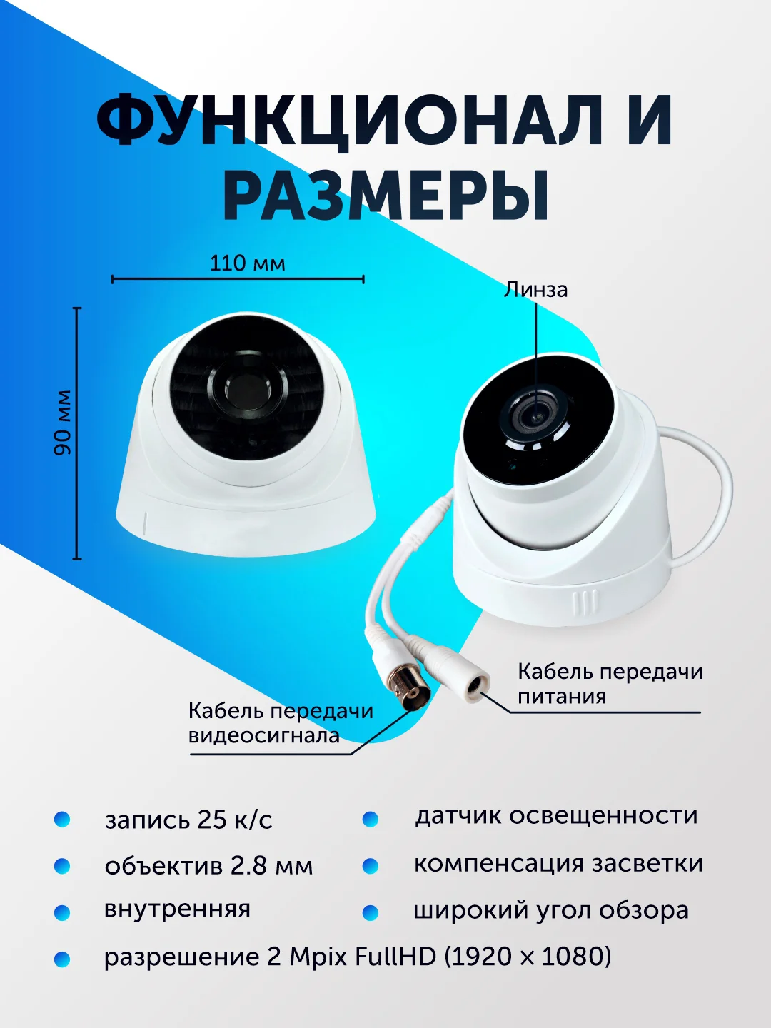 Купольная камера видеонаблюдения AHD TVI CVI CVBS пластиковая видеокамера 2 Mpix 2.8 мм