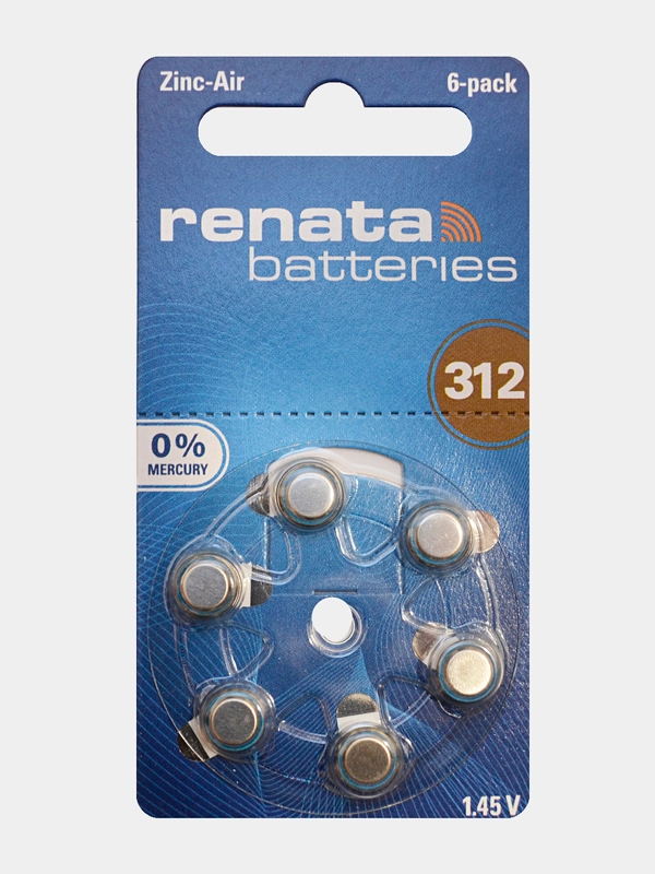 Батарейки Renata ZA312 (PR41) для слуховых аппаратов, 1.4V, Германия, 6 штук (1 блистер)