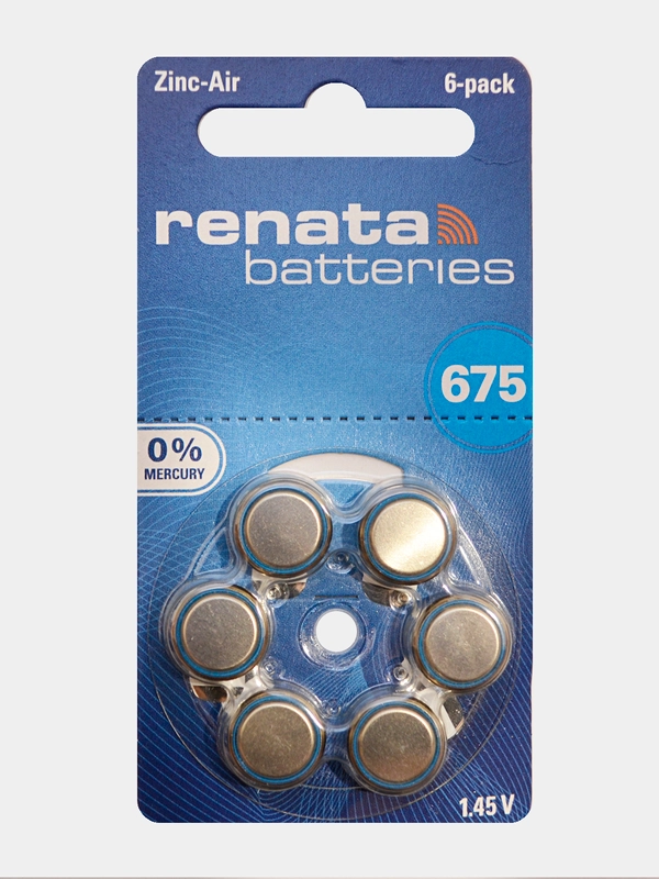 Батарейки Renata ZA675 (PR44) для слухового аппарата, 1.4V, Германия, 6 штук (1 блистер)