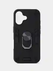 Черный чехол противоударный iPhone 16 (Айфон 16), с металлической подставкой кольцом