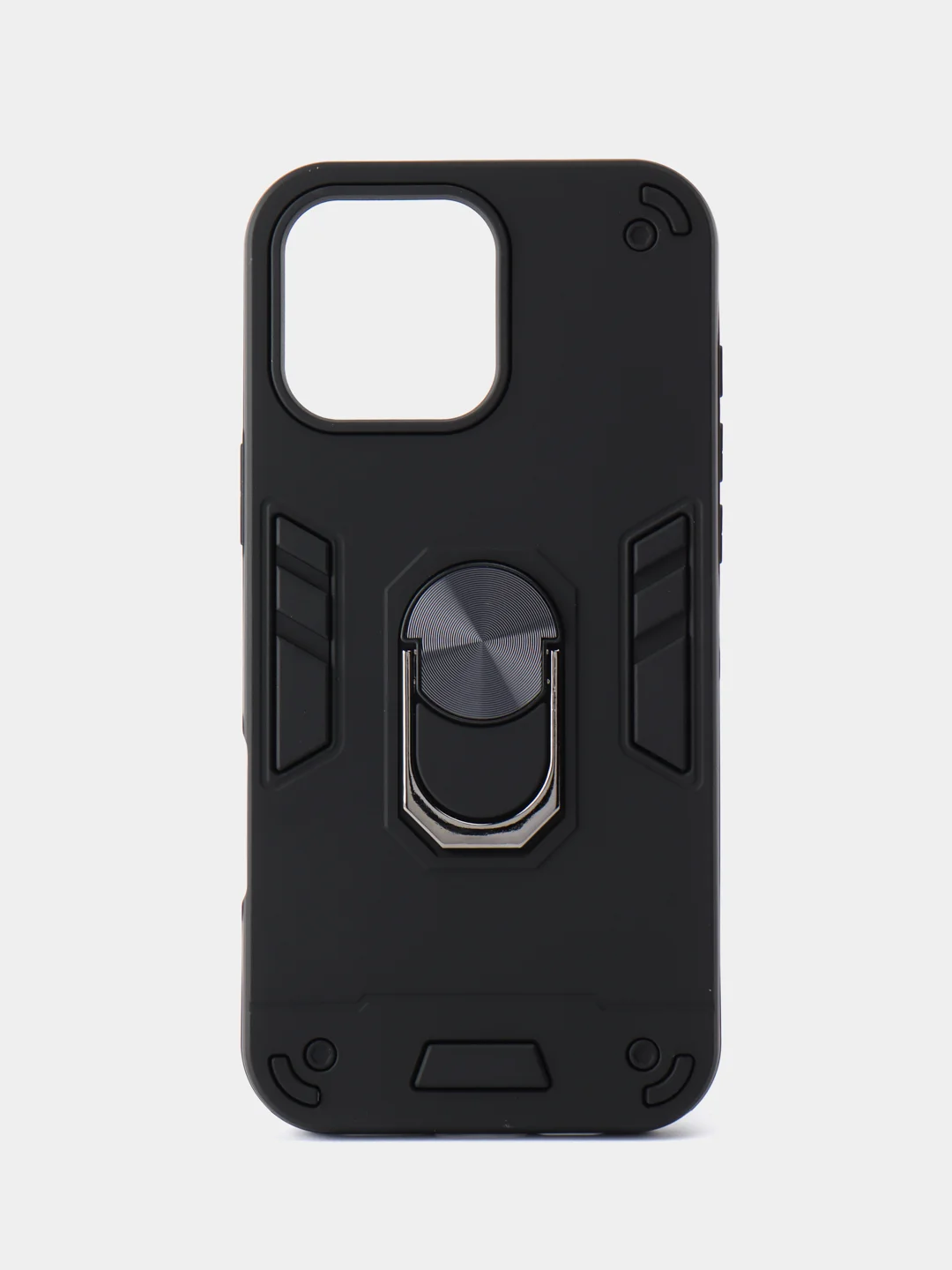 Черный чехол противоударный iPhone 16 Pro Max (Айфон), с металлической подставкой кольцом