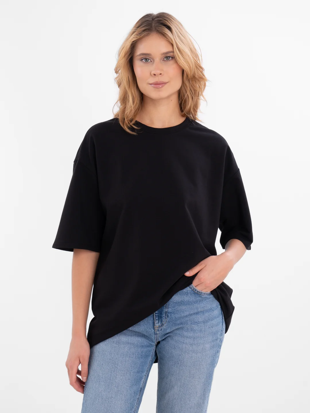 Черный футболка повышенной плотности женская oversize удлиненная