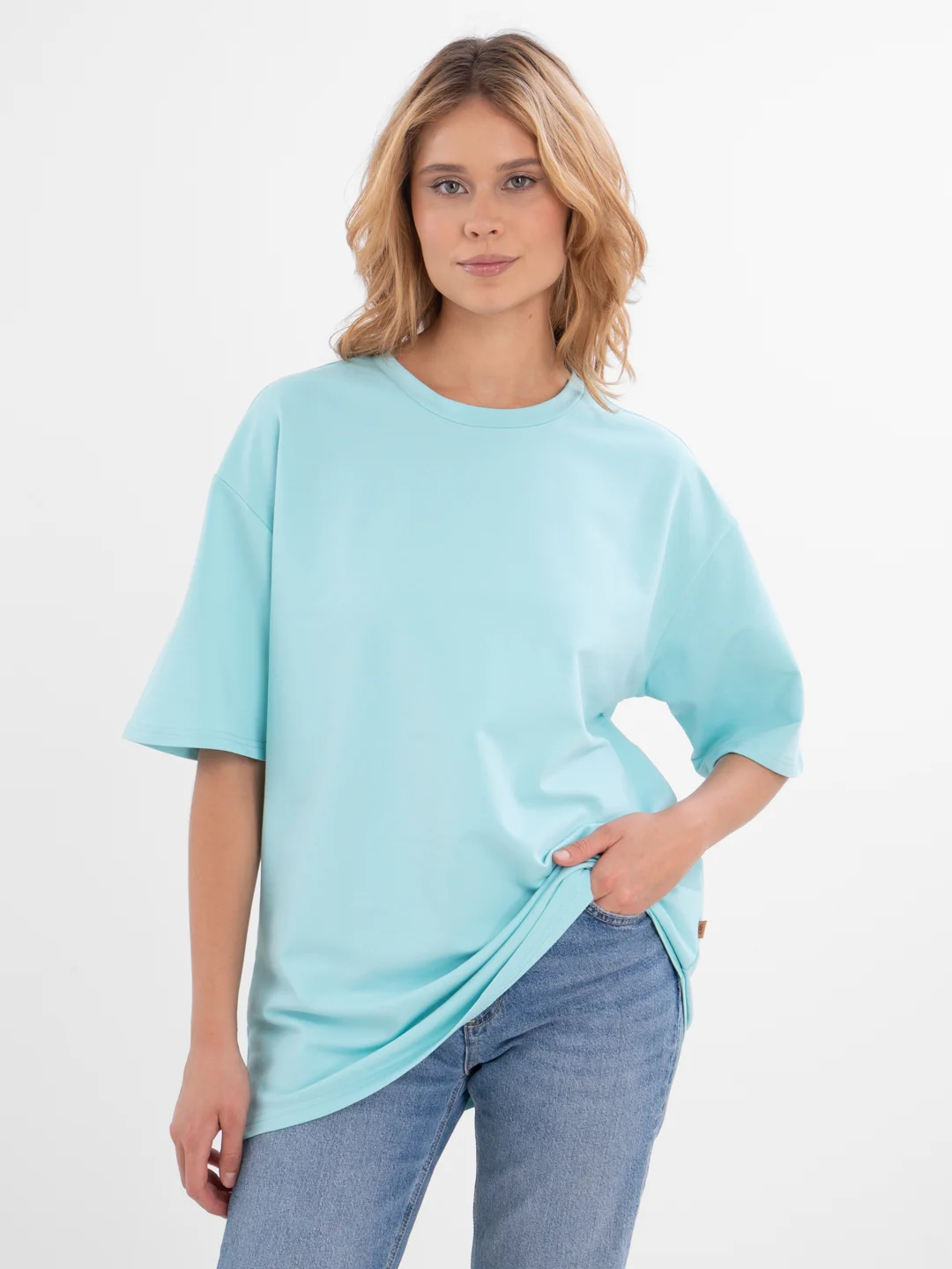 Голубой футболка повышенной плотности женская oversize удлиненная