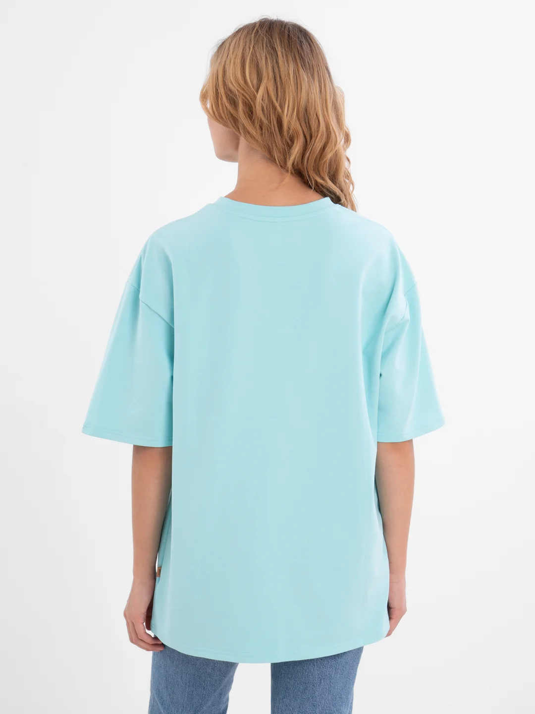 Голубой футболка повышенной плотности женская oversize удлиненная