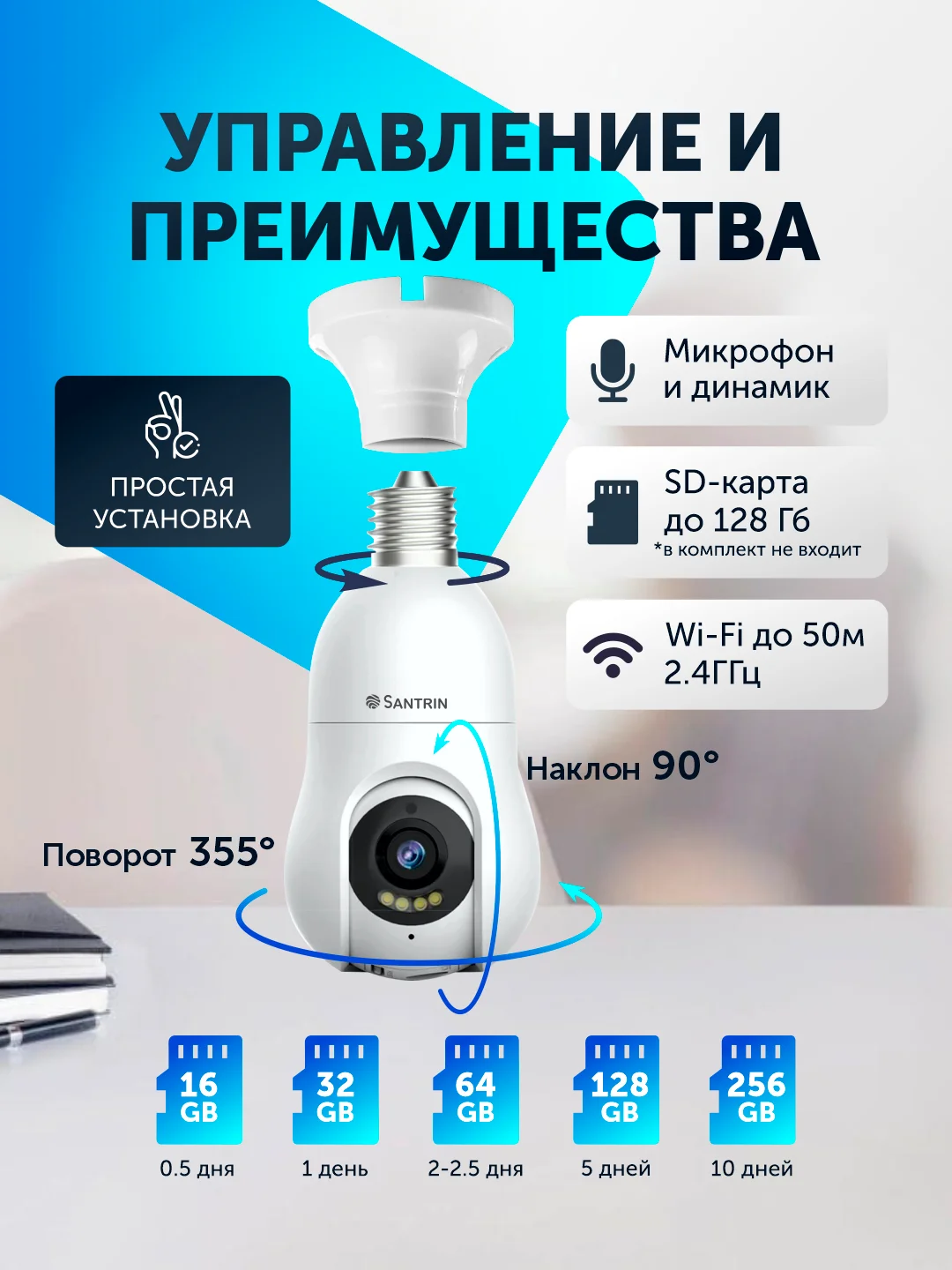 Камера видеонаблюдения беспроводная, лампочка Wi-Fi ip, Видеоняня 3 Mpix видеокамера PTZ 2.8