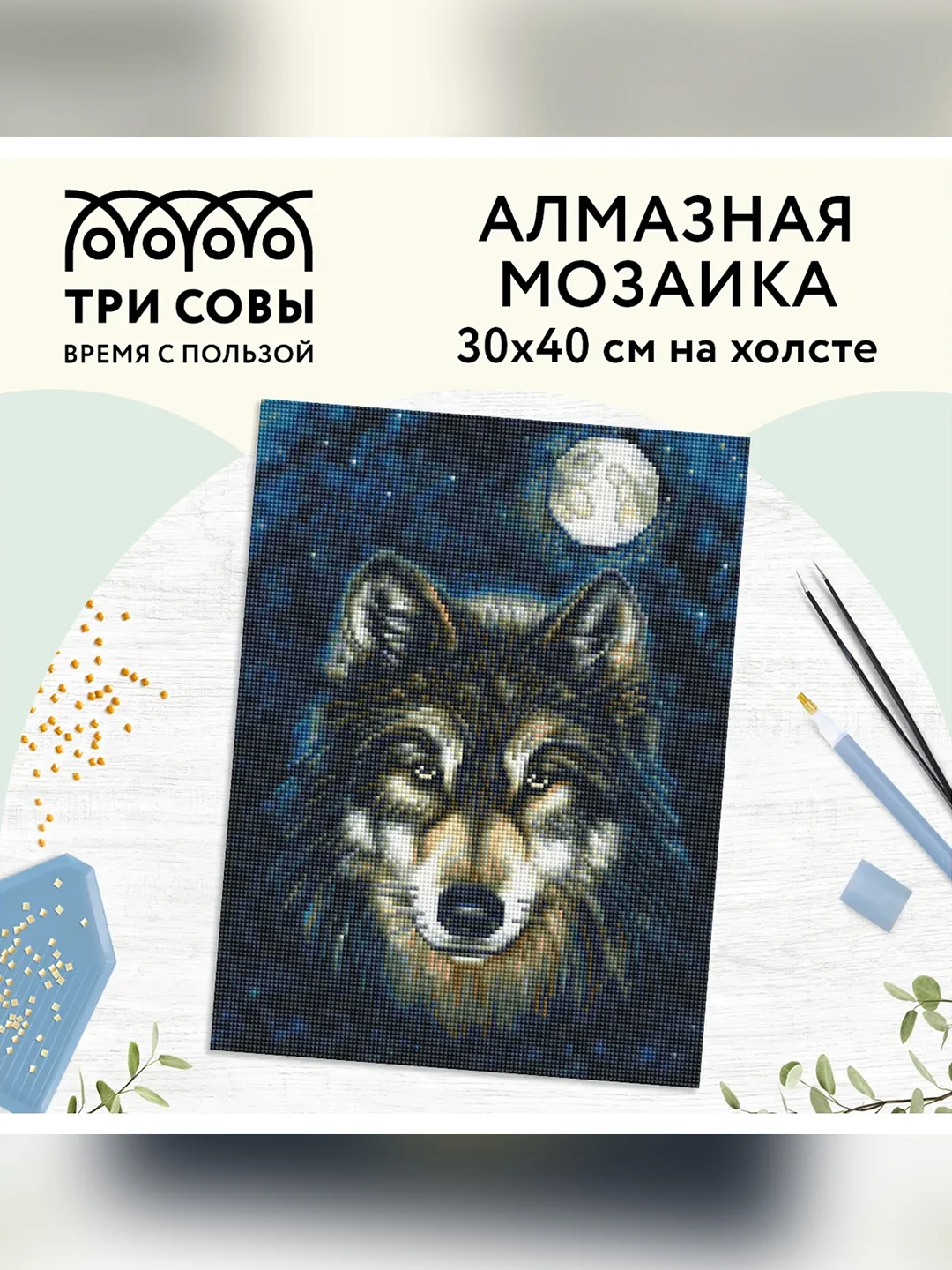 Алмазная мозаика Три совы "Волк", холст, 30х40 см