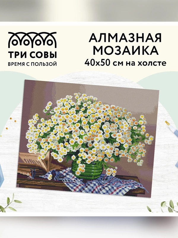 Алмазная мозаика Три совы "Ромашки", холст, 40х50 см