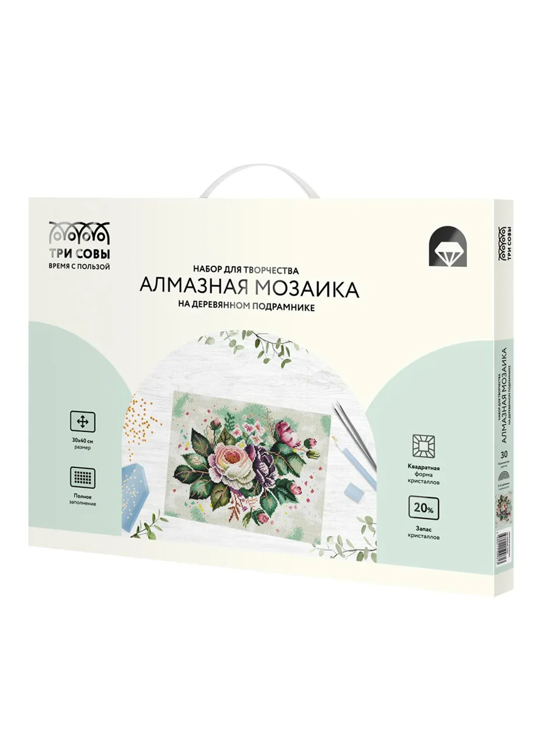 Алмазная мозаика Три совы "Цветочная композиция", холст на деревянном подрамнике, 30х40 см