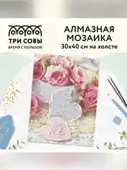 Алмазная мозаика Три совы "Розы", холст, картонная коробка с пластиковой ручкой, 30х40 см